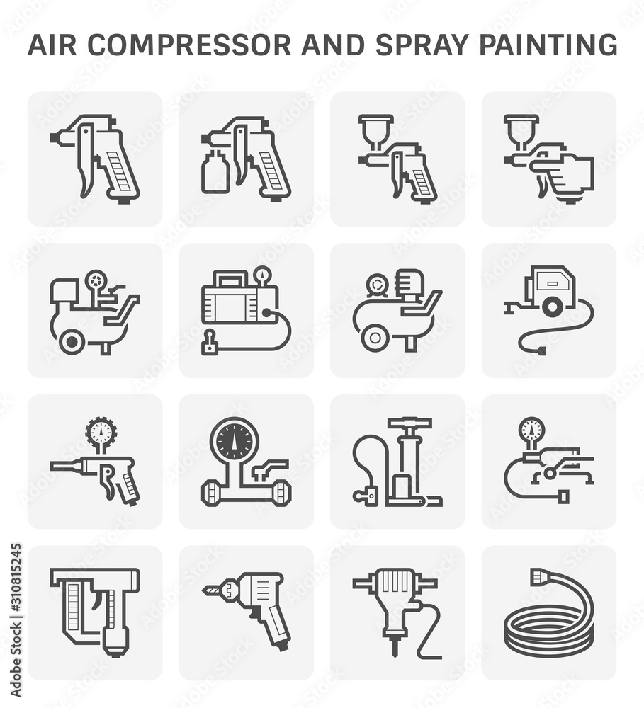 Air compressor icon. Consist of spray gun or airbrush for auto paint repair. Including with pressure tank, bicycle pump, air blow gun, pressure gauge, pneumatic staple, drilling tool, jack hammer etc. Air compressor icon. Consist of spray gun or airbrush for auto paint repair. Including with pressure tank, bicycle pump, air blow gun, pressure gauge, pneumatic staple, drilling tool, jack hammer etc.
