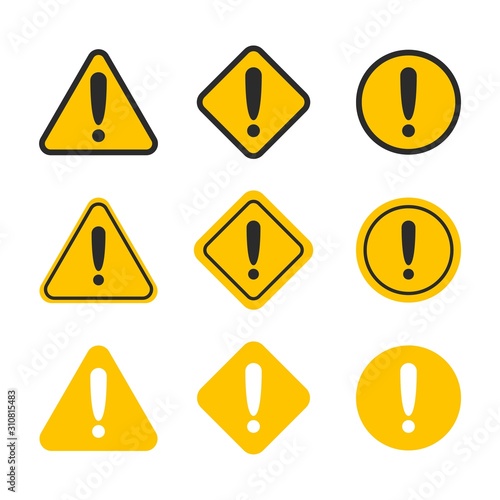 Caution alarm set. Danger sign collection. Attention vector icon. Yellow and red fatal error message element.