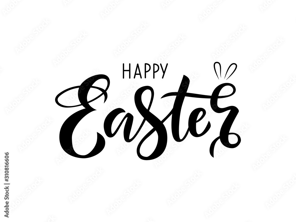 Hand drawn black lettering happy Easter with bunny ears on white background. Vector illustration for design of card, banner, logo, flayer, label, icon, badge, sticker