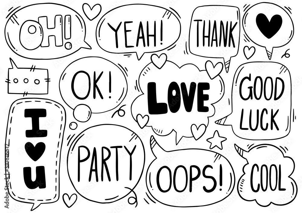 0027 hand drawn background Set of cute speech bubble eith text in doodle style
