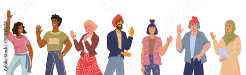 Multicultural diverse young people group with greeting welcoming gesture, flat cartoon vector illustration isolated. Diverse ethnic men and women in diversity and multiculturalism concept.