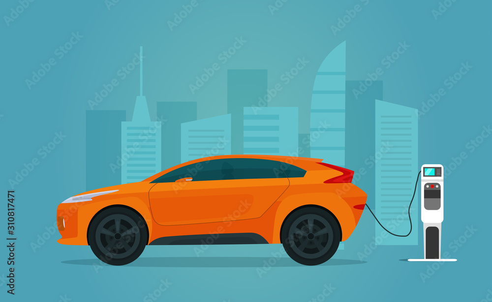 Electric CUV car isolated. Electric car is charging, side view. Vector flat illustration.