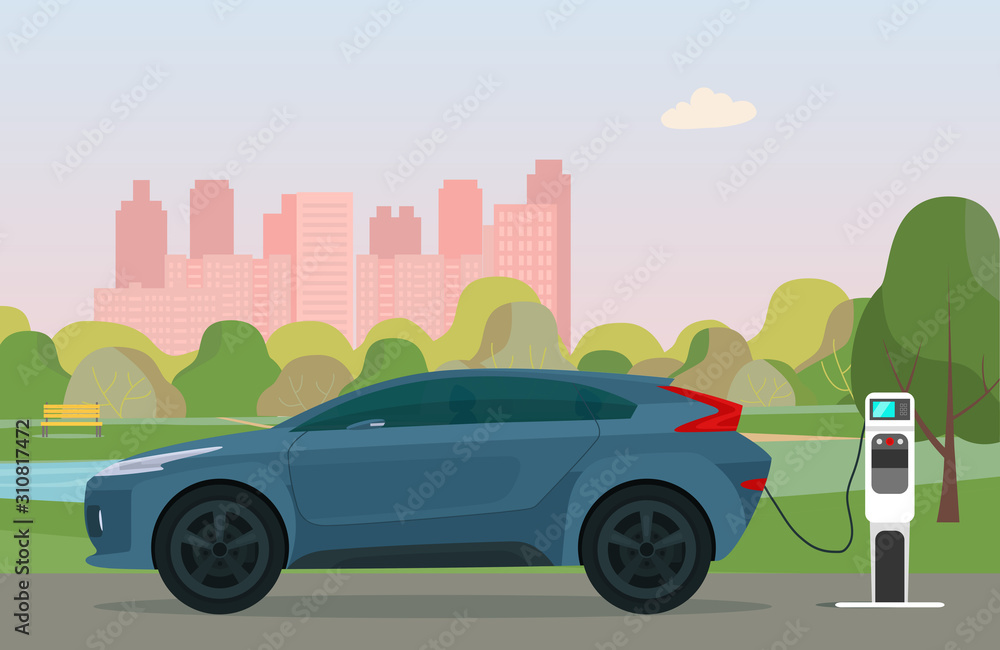 Electric CUV car in a city. Electric car is charging, side view. Vector flat style illustration.