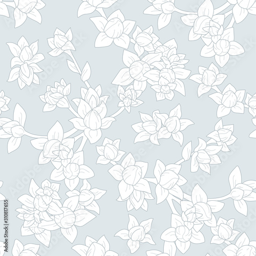 Vector seamless floral pattern with white branches on the grey background