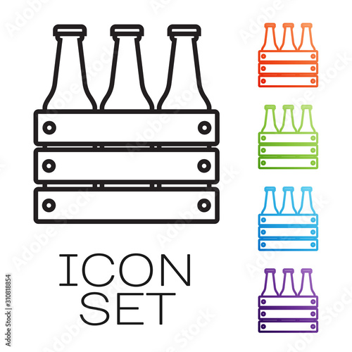 Black line Pack of beer bottles icon isolated on white background. Wooden box and beer bottles. Case crate beer box sign. Set icons colorful. Vector Illustration