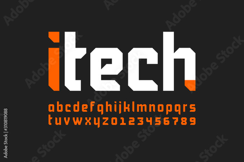 Techno style font, alphabet letters and numbers