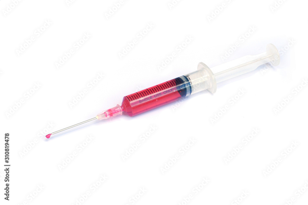 syringe with drop red blood liquid isolated on white background syringe with drop red blood liquid isolated on white background