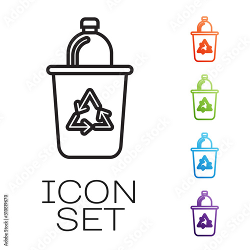 Black line Recycle bin with recycle symbol icon isolated on white background. Trash can icon. Garbage bin sign. Recycle basket sign. Set icons colorful. Vector Illustration