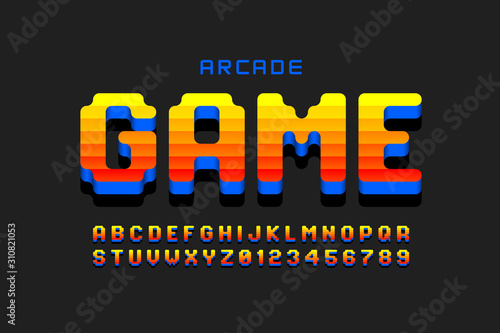 Arcade game style font design, retro 80s video game alphabet, letters and numbers