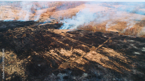 Forest and field fire. Dry grass burns, natural disaster. Aerial view. flying through the entire field.