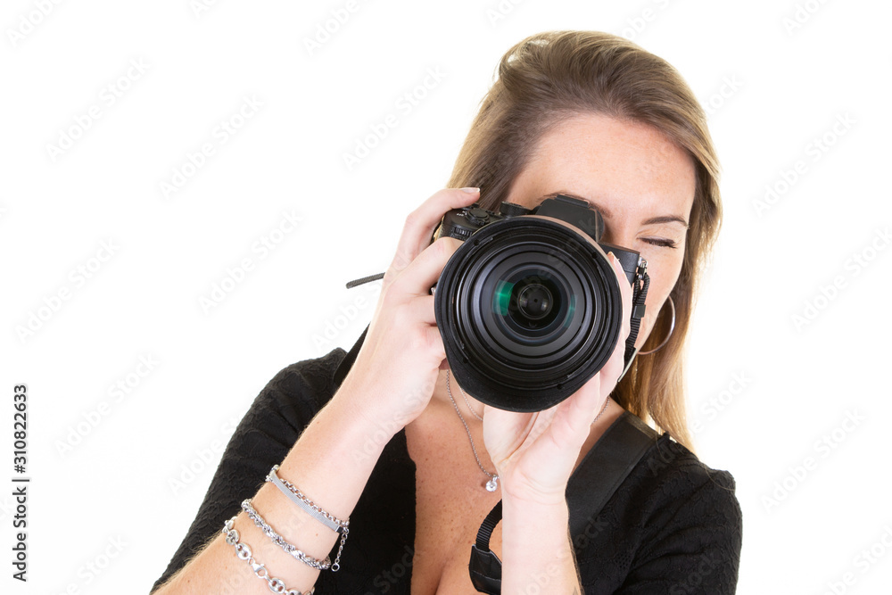 Cute woman photographer taking photos with dslr camera photography Cute woman photographer taking photos with dslr camera photography