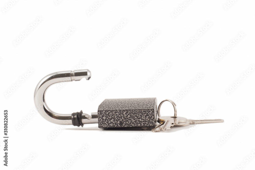 padlock and keys on a white background. The lock is not locked padlock and keys on a white background. The lock is not locked