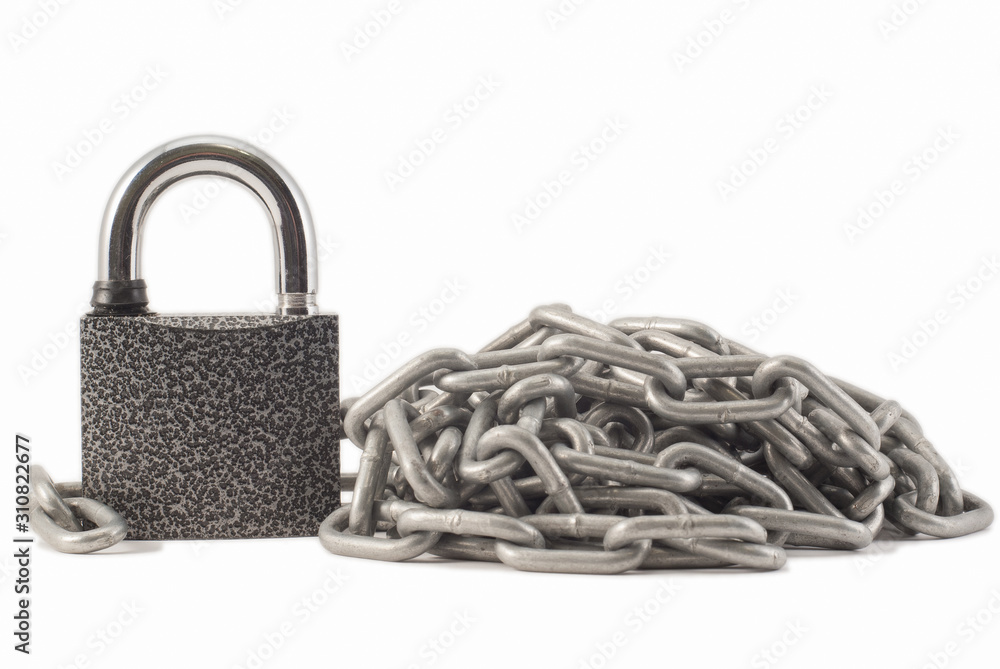 padlock on a white background. The lock is locked. The chain is metal. padlock on a white background. The lock is locked. The chain is metal.