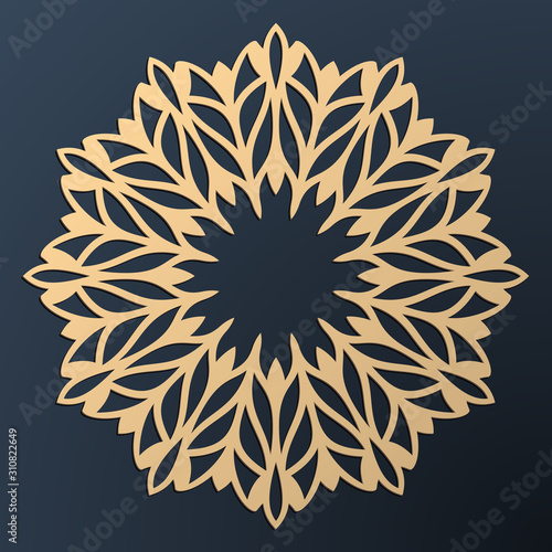 Laser cutting mandala. Golden floral pattern. Oriental silhouette ornament. Vector coaster design.