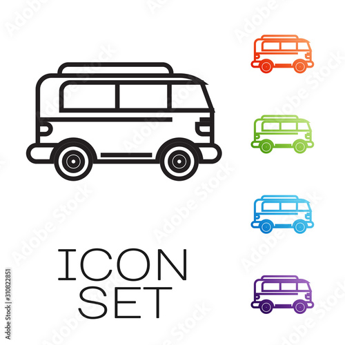 Black line Retro minivan icon isolated on white background. Old retro classic traveling van. Set icons colorful. Vector Illustration