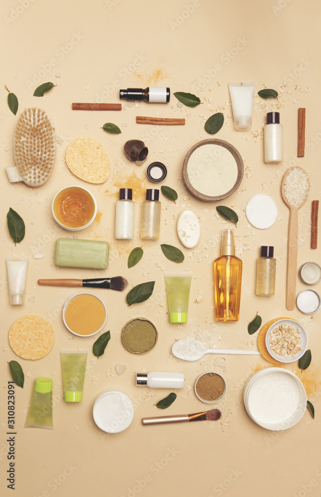 Natural organic cosmetic flat lay. Home spa concept. Skin, body and hair care products. Natural organic cosmetic flat lay. Home spa concept. Skin, body and hair care products.