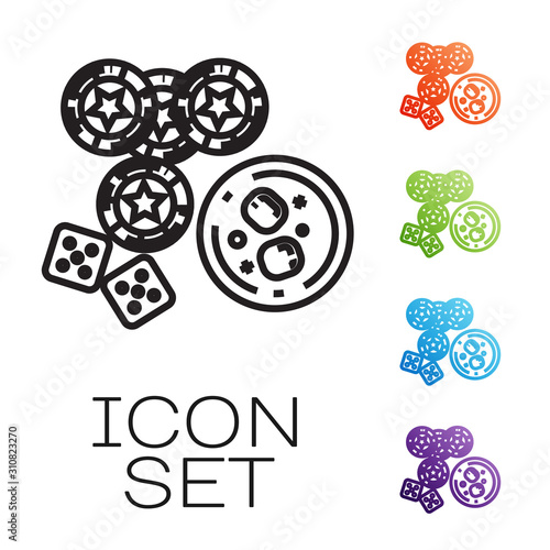 Black line Casino chips, game dice and glass of whiskey with ice cubes icon isolated on white background. Casino poker. Set icons colorful. Vector Illustration
