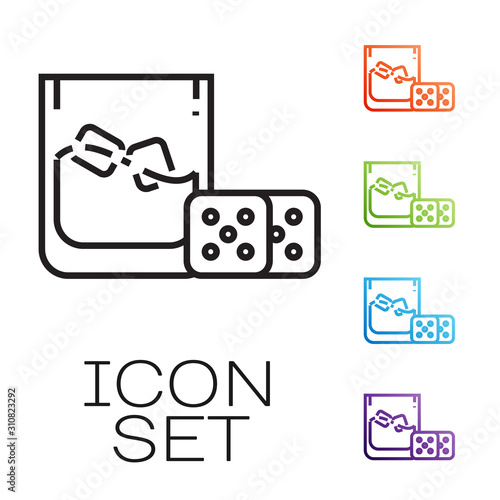 Black line Game dice and glass of whiskey with ice cubes icon isolated on white background. Casino gambling. Set icons colorful. Vector Illustration