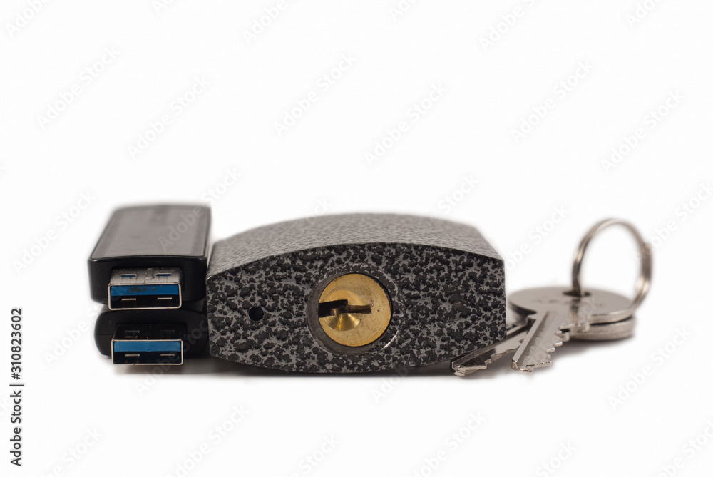 Metal lock, hard drive and flash drive. Security. Metal lock, hard drive and flash drive. Security.