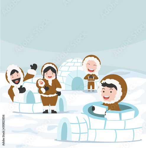Eskimo building an igloo ice house vector