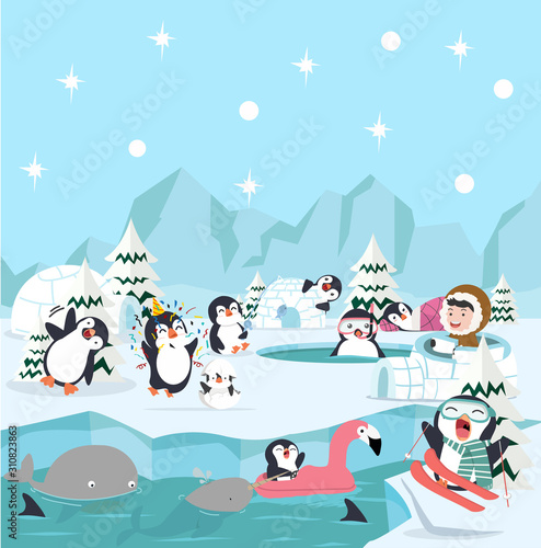 winter north pole arctic  penguins concept