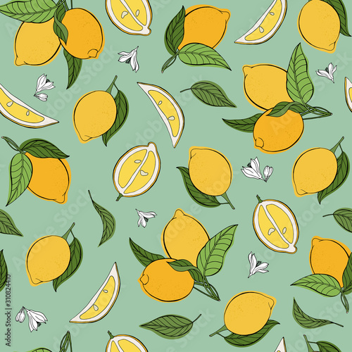 Vector seamless pattern with lemons  leaves and flowers of lemon