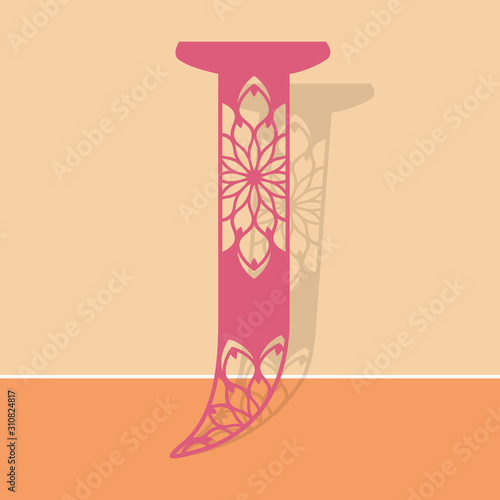 Laser cutting letter J. Woodcut vector design. Plywood lasercut gift. Pattern for printing, engraving, paper cut. Floral mandala design.
