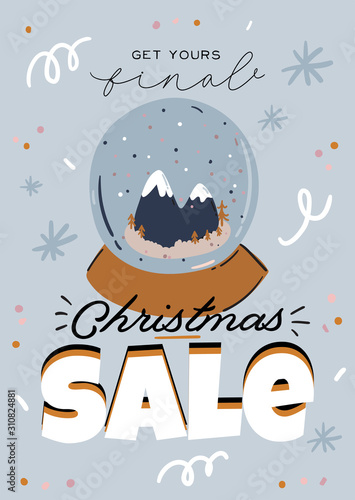 Sale print with beautiful Winter background, Christmas elements and trendy lettering. Good template for web, card, poster, sticker, banner, invitation, flyers. Vector illustration