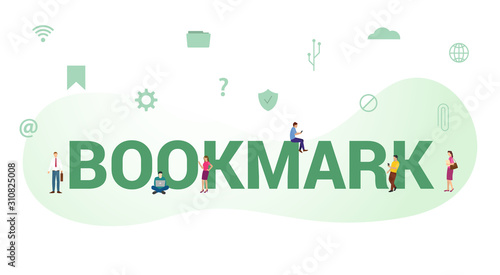 bookmark browser concept with big word or text and team people with modern flat style - vector