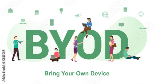 byod bring your own devices concept with big word or text and team people with modern flat style - vector photo