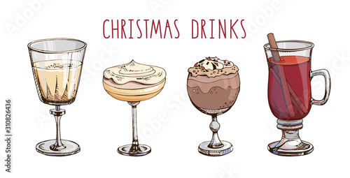 Set of popular Christmas drinks isolated on white. Colorful vector images of winter beverages and cocktails. Hot chocolate, eggnog, mulled wine, champagne. Winter special. Menu decoration. Lettering