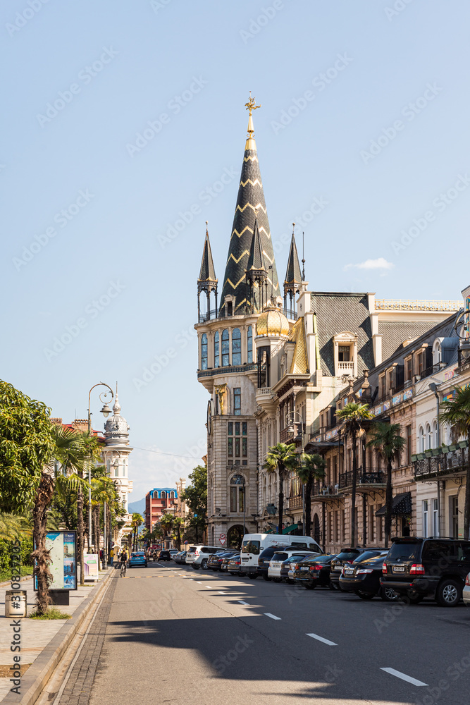 The tower building with the astronomical clock is located on Memed Abashidze street in Batumi city - the capital of Adjara in Georgia