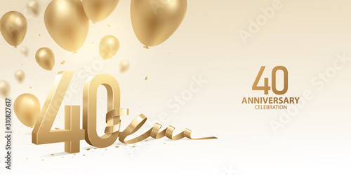 40th Anniversary celebration background. 3D Golden numbers with bent ribbon, confetti and balloons.