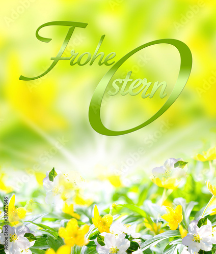 Frohe Ostern, Osterkarte mit gelben Frühlingsblumen