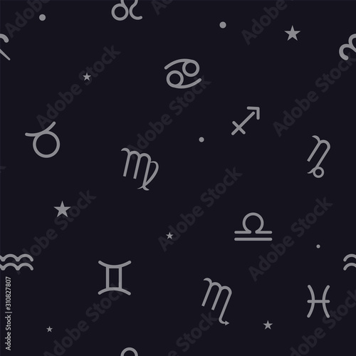 A seamless pattern with zodiac signs. White on a dark background