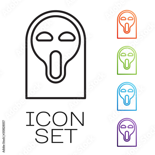Black line Funny and scary ghost mask for Halloween icon isolated on white background. Happy Halloween party. Set icons colorful. Vector Illustration