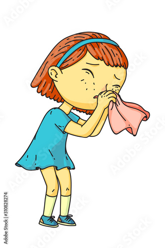 Little girl suffering from runny nose on white