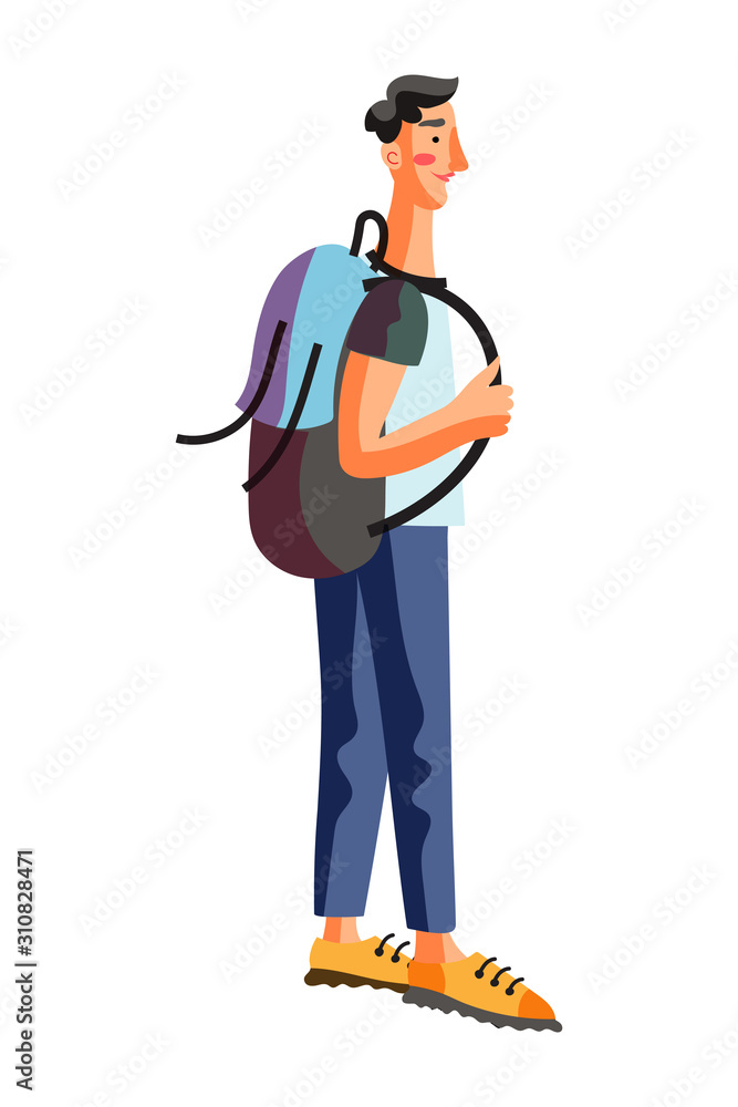 Man traveler character with backpack on white