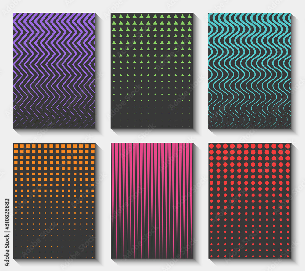 Set of modern abstract black backgrounds with a geometric linear pattern for brochures, booklets, flyers, posters, cards, books. Cover design template. Vector illustration.