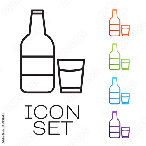 Black line Closed glass bottle with milk and glass icon isolated on white background. Set icons colorful. Vector Illustration