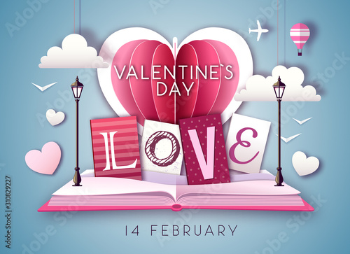 Open fairy tale book with valentine love heart. Happy Valentine`s day background. Cut out paper art style design