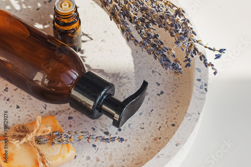 Set of natural cosmetics and soap with lavender close-up photo