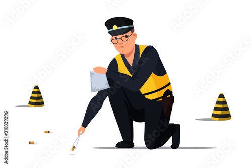 Policeman collecting bullets in pocket crime scene
