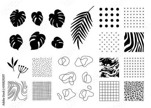Design elements collection for banner, flyer, poster, invitation, magazine, etc. Set of Animal, geometric, abstract print patterns and backgrounds, tropical leaves, outline shapes.