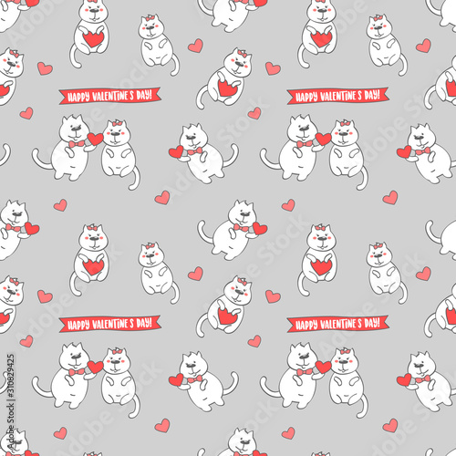 Valentine's Day seamless pattern with cute cats