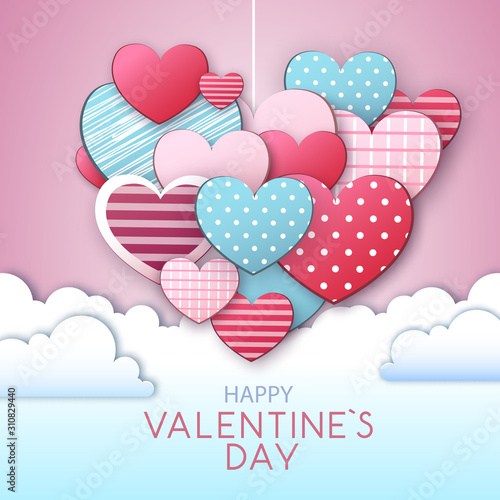 Happy Valentine`s day background with love hearts in the sky. Cut out paper art style design