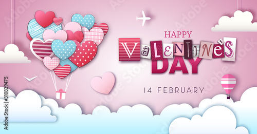 Happy Valentine`s day background with love hearts in the sky. Cut out paper art style design