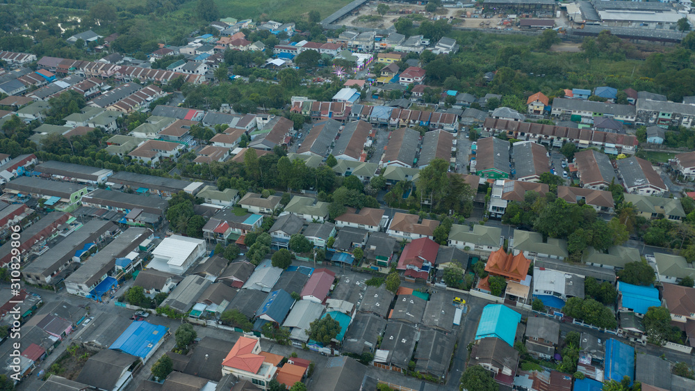 Aerial city view from flying drone at Nonthaburi, Thailand, top view landscape