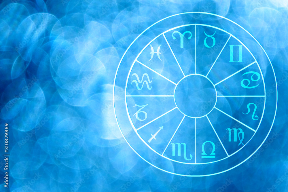 Illustration of astrology themes. Twelve signs of the zodiac on bright abstract background, space for text Illustration of astrology themes. Twelve signs of the zodiac on bright abstract background, space for text