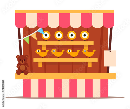 Shooting game booth for amusement in park on white